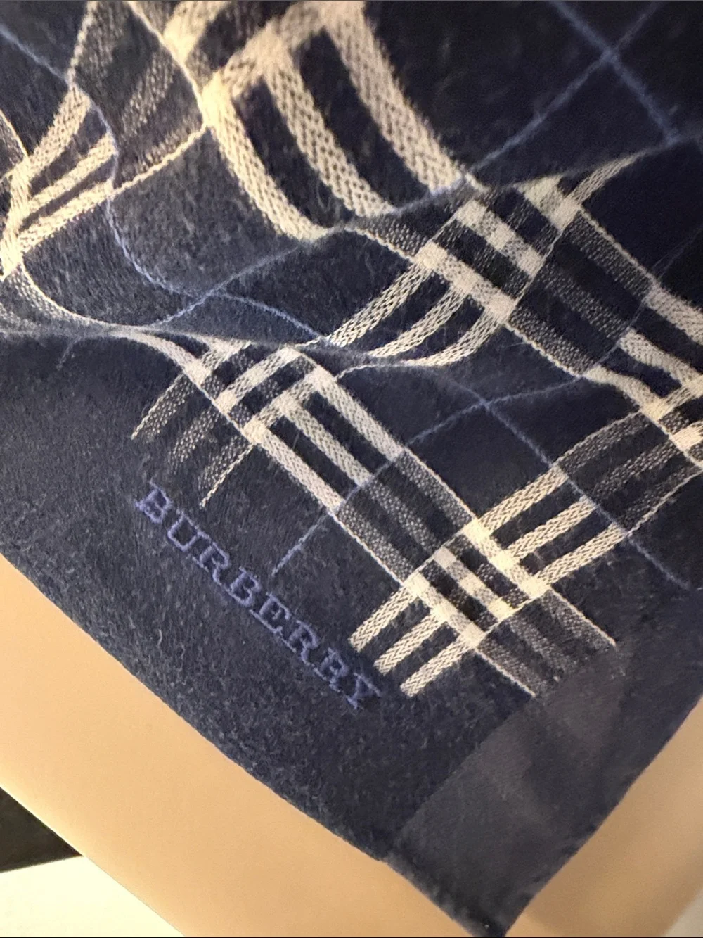 Burberry Navy and White Plaid Scarf